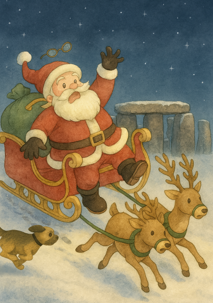 Santa and Reindeer startled by Patch at Stonehenge