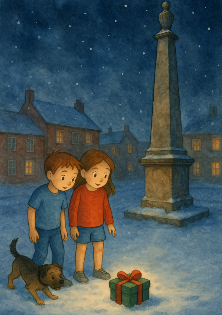 Rosie, Ollie and Patch searching for presents by the Warminster Obelisk