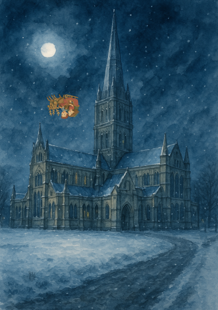 The children and Patch flying Santa's sleigh upside-down past Salisbury Cathedral