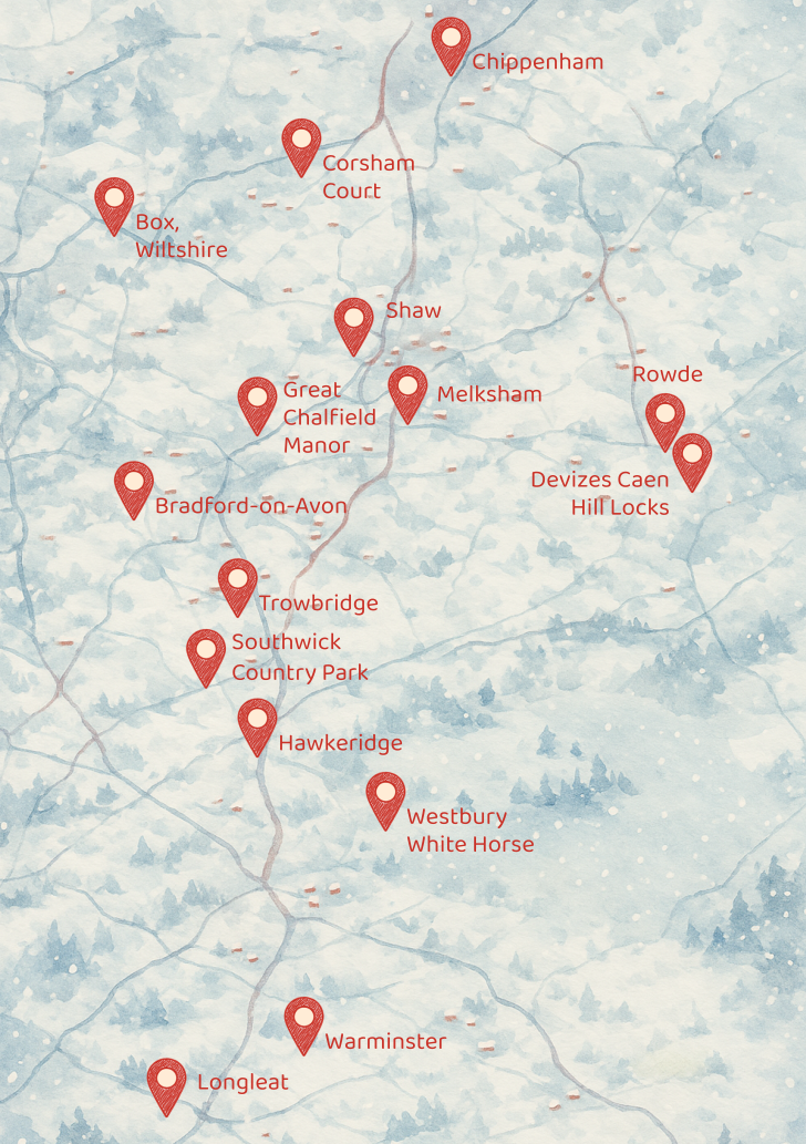 A Map showing all 27 Wiltshire locations visited in the story (page 1 of 2)